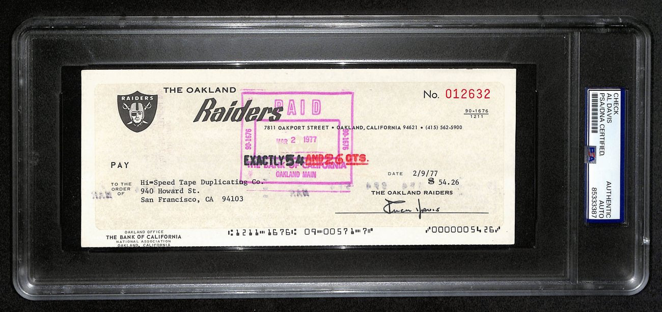 Al Davis HOF Signed/Autographed 8.5x3.5 Bank Check Raiders PSA/DNA 193233