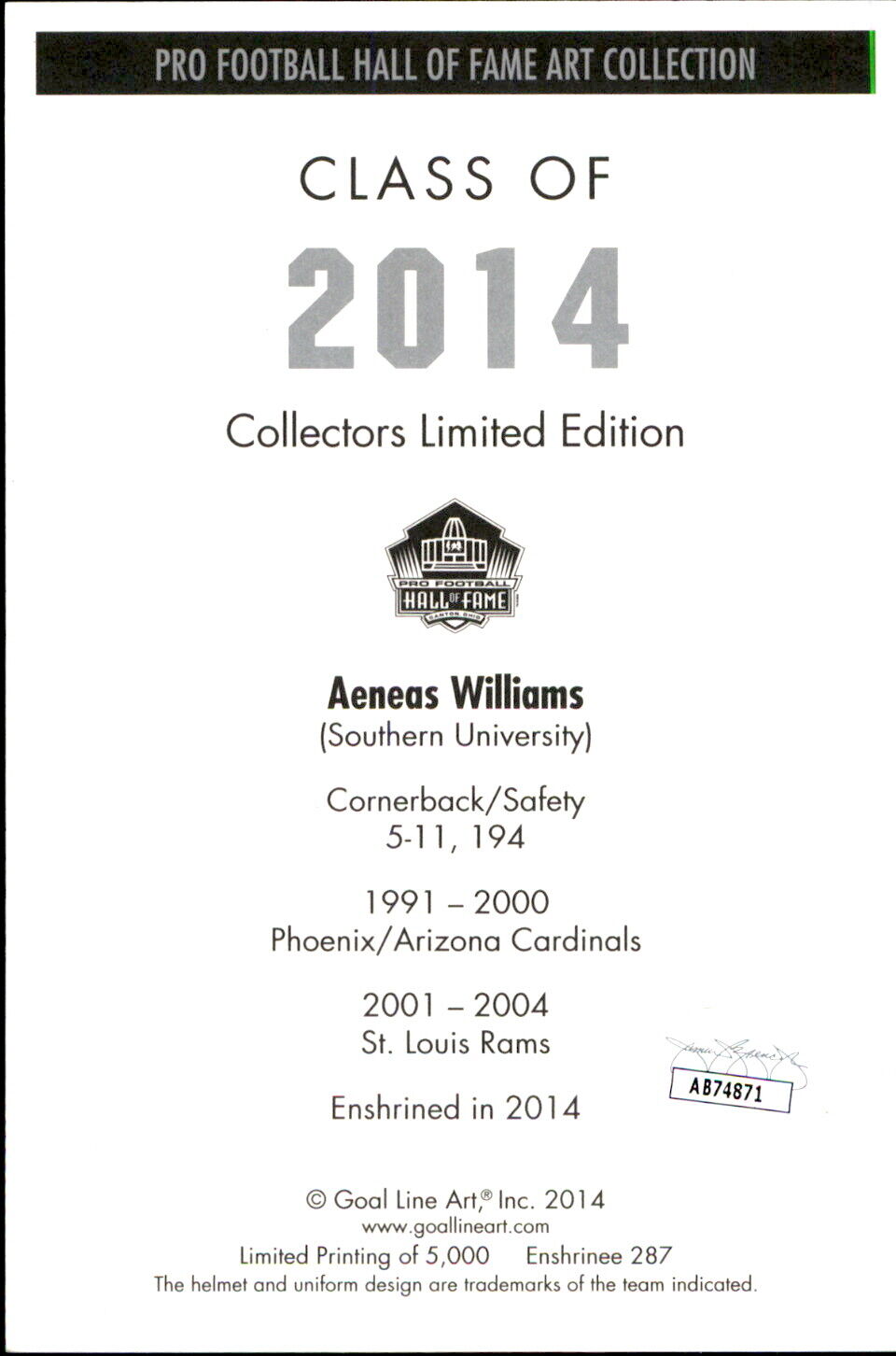 Aeneas Williams HOF Autographed/Inscr Goal Line Art GLAC Postcard Cardinals JSA