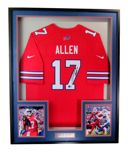 Josh Allen Autographed Red Custom Football Jersey Bills Framed Beckett 185680