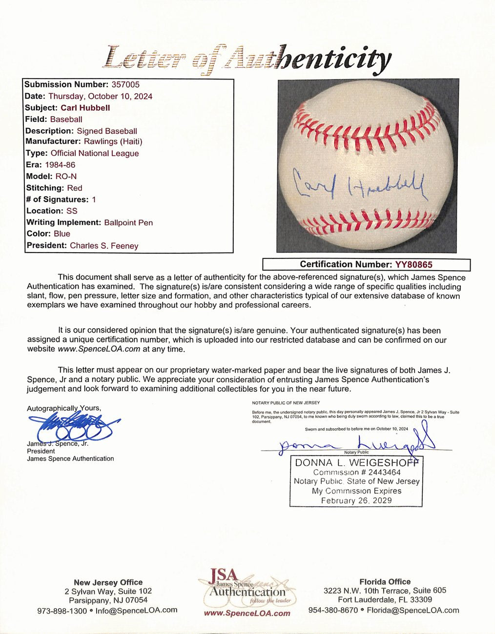 Carl Hubbell HOF Signed/Autographed ONL Baseball New York Giants JSA 191763