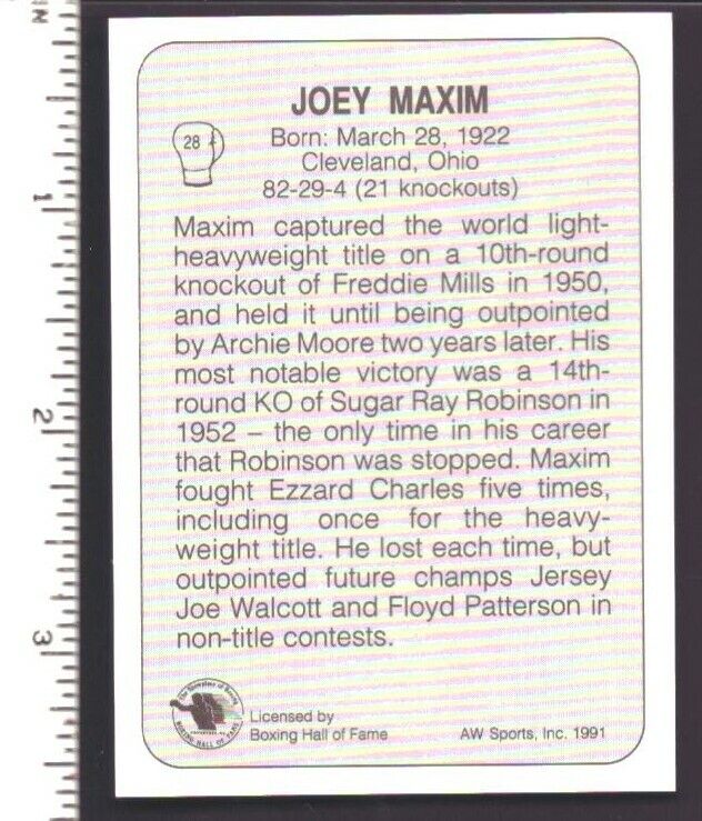 Joey Maxim Boxer Signed/Autographed 1991 AW Sports Trading Card #28 151794