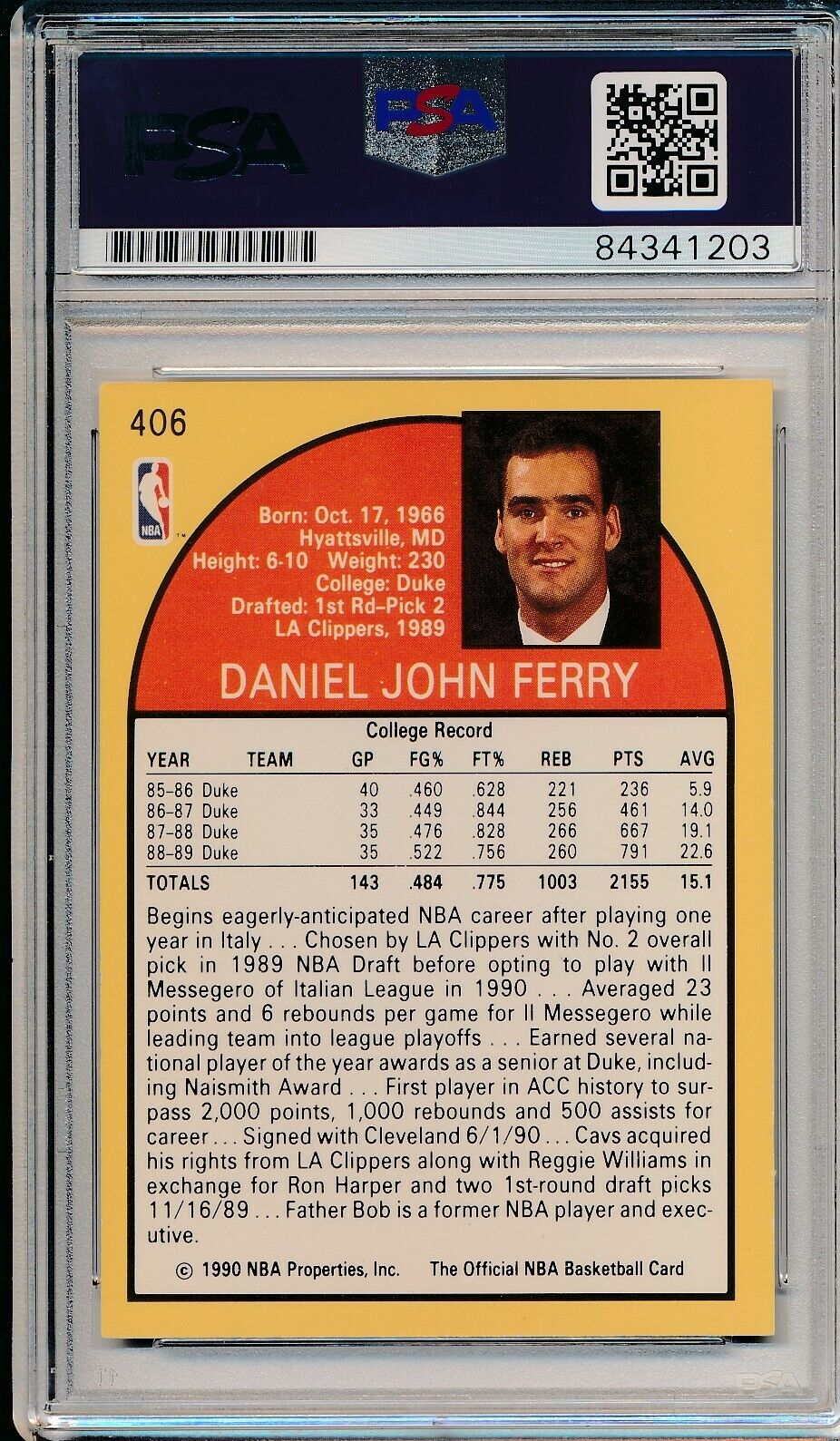 Danny Ferry Cavaliers Signed 1990 Hoops Rookie Card #406 PSA/DNA 163494