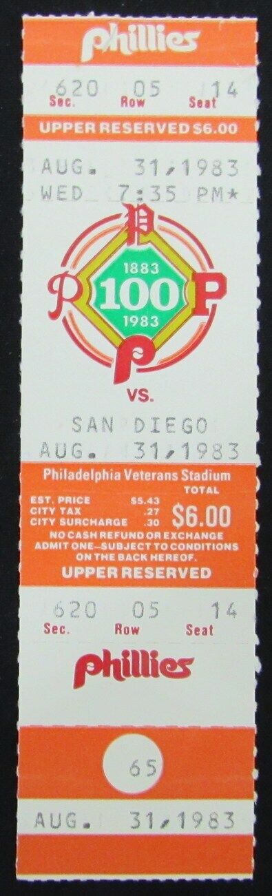 1983 Phillies vs. San Diego Padres Full Ticket at Veterans Stadium