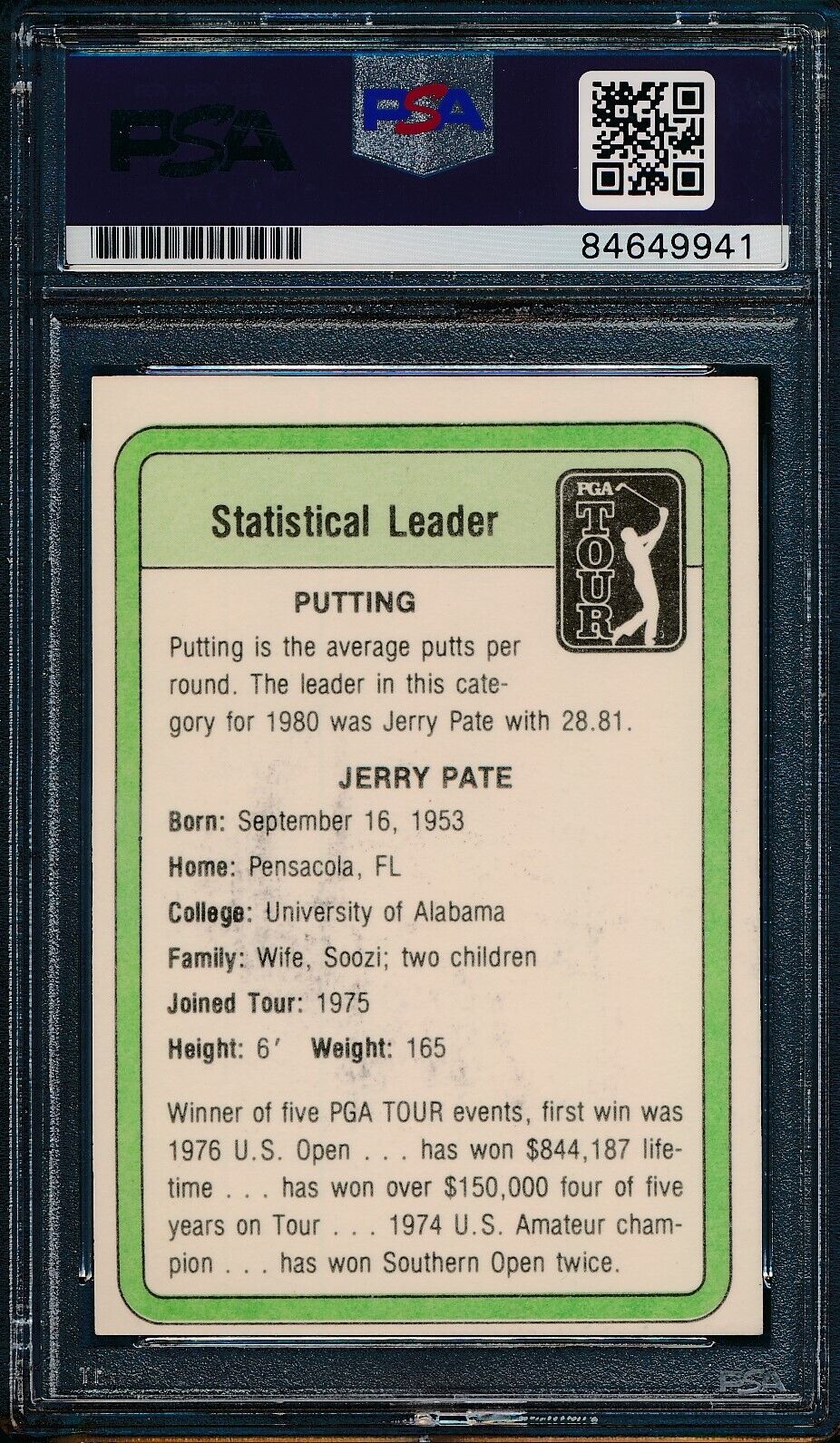 1981 DONRUSS PGA Jerry Pate Statistical Leader Card Signed PSA/DNA 176066