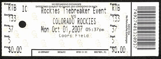 2007 NL Wild Card Tiebreaker Full Ticket Rockies 9 v Padres 8 10/1/2007 187524