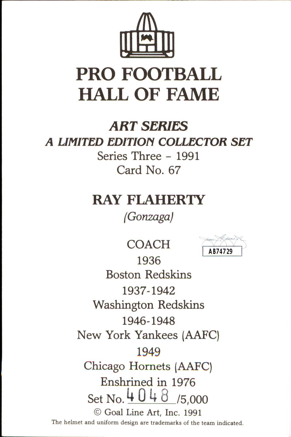 Ray Flaherty HOF Autographed Goal Line Art GLAC Postcard Redskins JSA