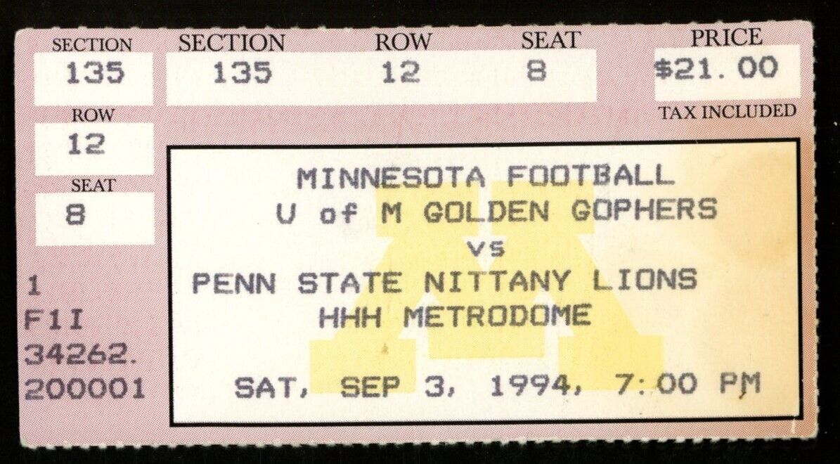 September 3, 1994 Minnesota vs. Penn State College Football Game Ticket Stub