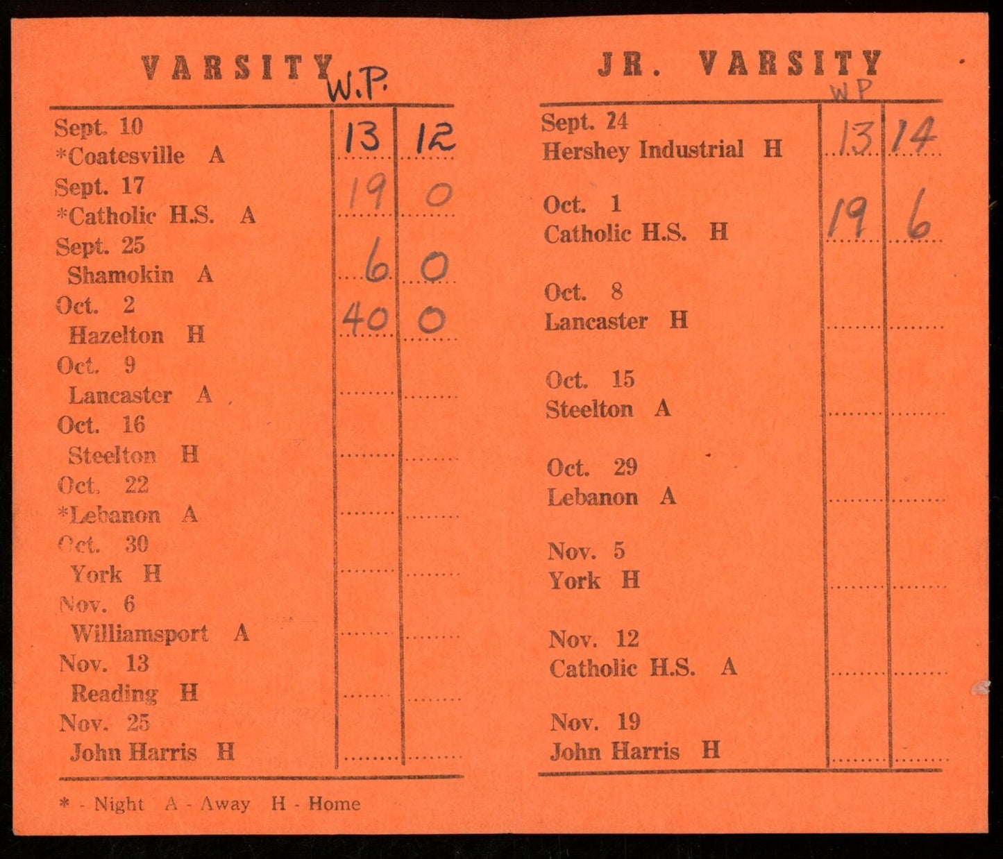 1948 William Penn High School Football 2.5x4.25 Pocket Schedule Harrisburg, PA