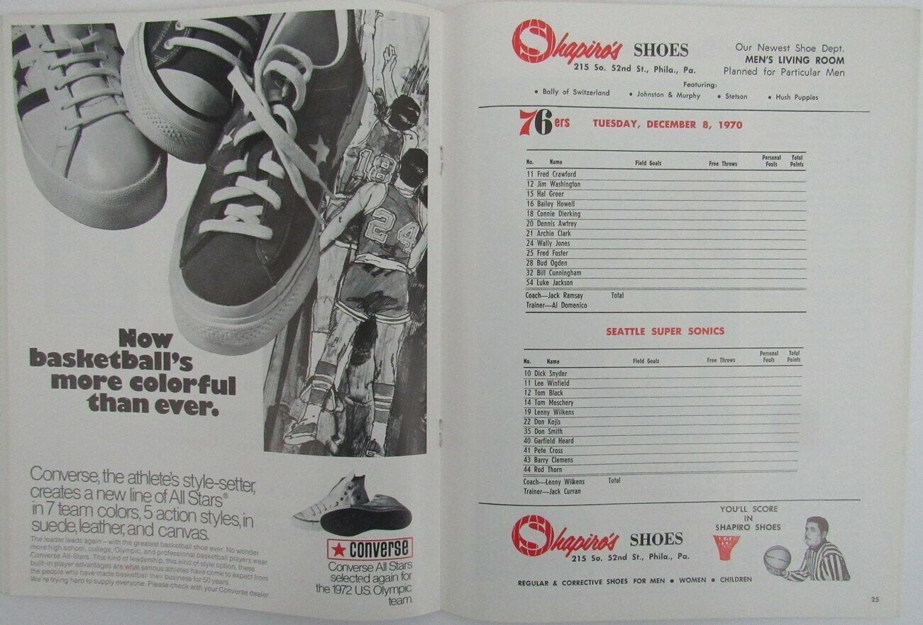 1970 Philadelphia 76ers vs Super Sonics NBA Basketball Game Program 156958