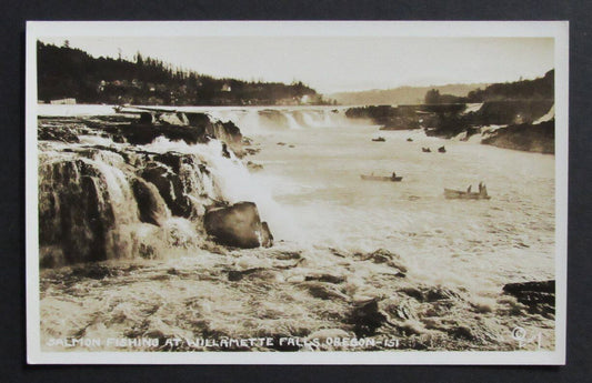 Vintage Salmon Fishing at Willamette Falls, Oregon B/W Photo Postcard