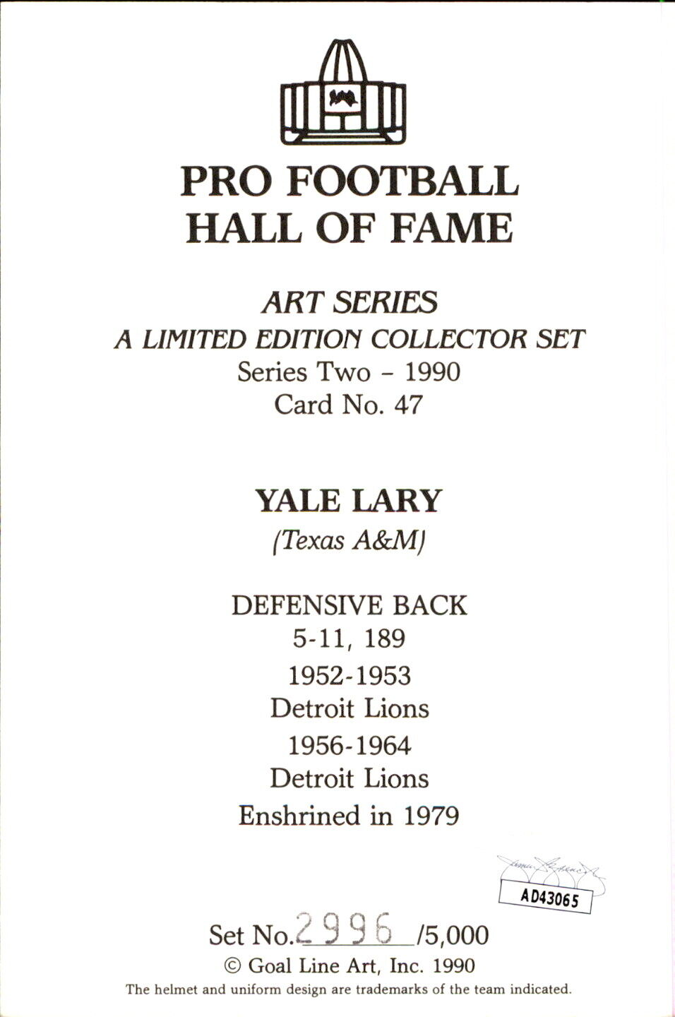 Yale Lary HOF Autographed Goal Line Art GLAC Postcard Detroit Lions JSA