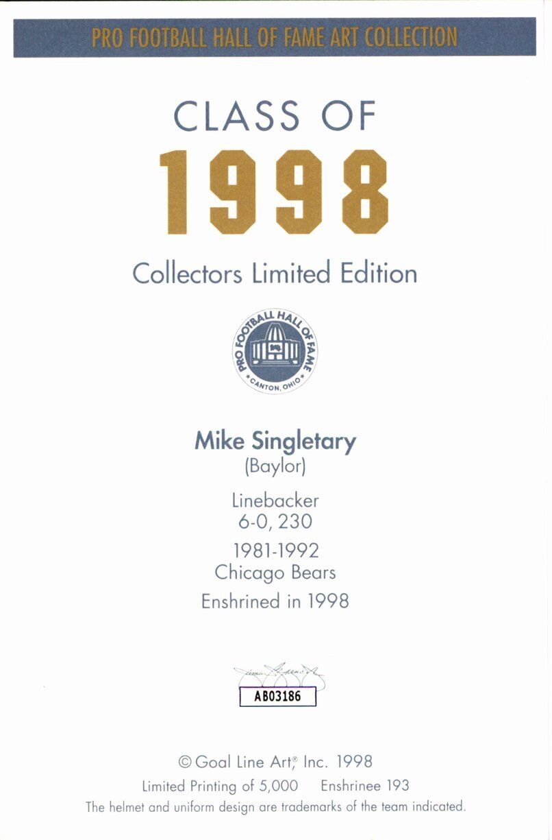 Mike Singletary HOF Bears Signed/Inscr Goal Line Art GLAC Postcard JSA 167073