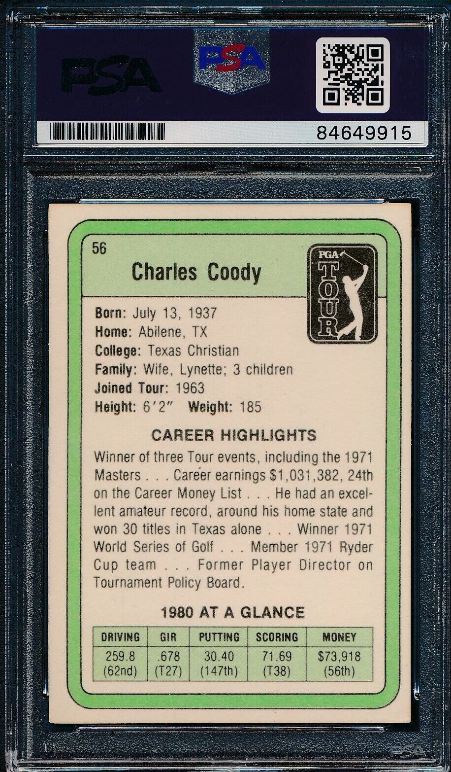 1981 DONRUSS PGA Charles Coody #56 Authentic Card Signed PSA/DNA 176042