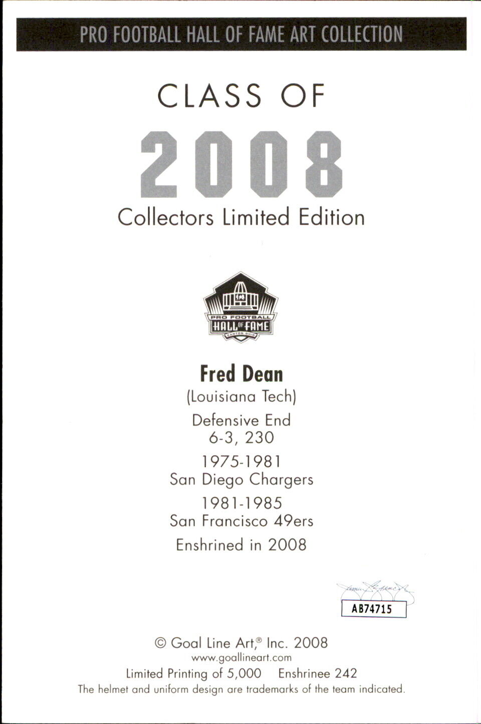 Fred Dean HOF Autographed/Inscribed Goal Line Art GLAC Postcard 49ers JSA