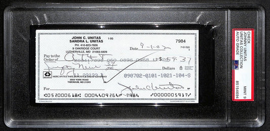 Johnny Unitas Signed 9/1/02 Check PSA/DNA MINT 9 188675