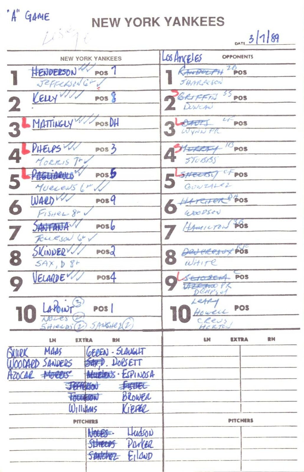 1989 New York Yankees Spring Training 5.5x8.5 Lineup Card vs. Dodgers 151552