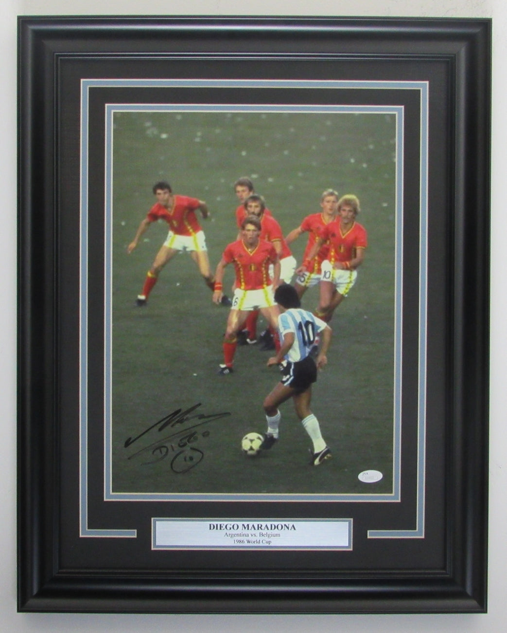 Diego Maradona Autographed 11x14 Photo - Argentina vs Belgium Framed JSA 135906