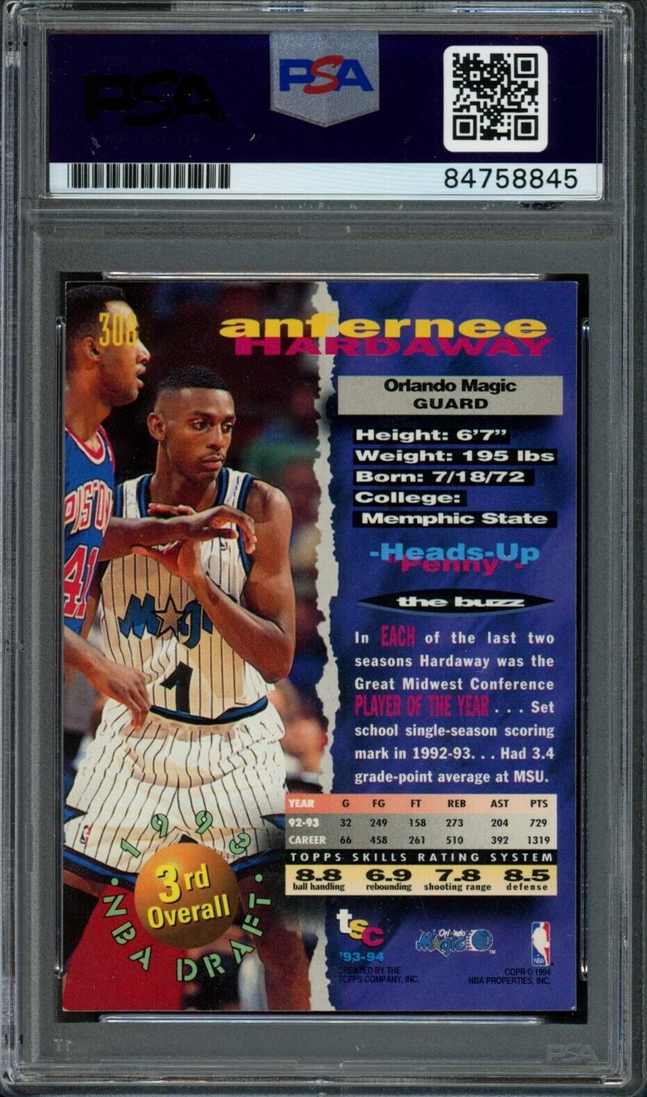 1993 Stadium Club Anfernee Hardaway #308 Rookie Card Signed Magic PSA/DNA