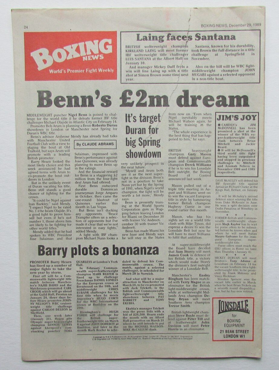 December 29, 1989 Boxing News Magazine Nigel Benn Roberto Duran