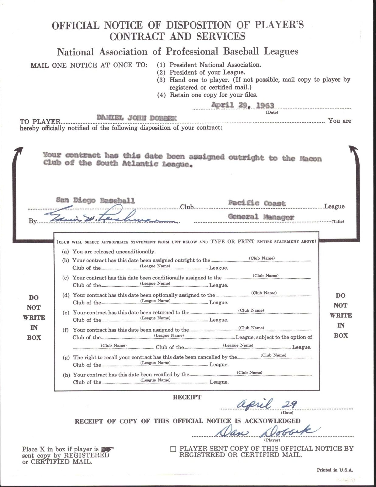 Dan Dobbek Twins 1963 Signed/Auto  San Diego PCL Baseball Contract 151231