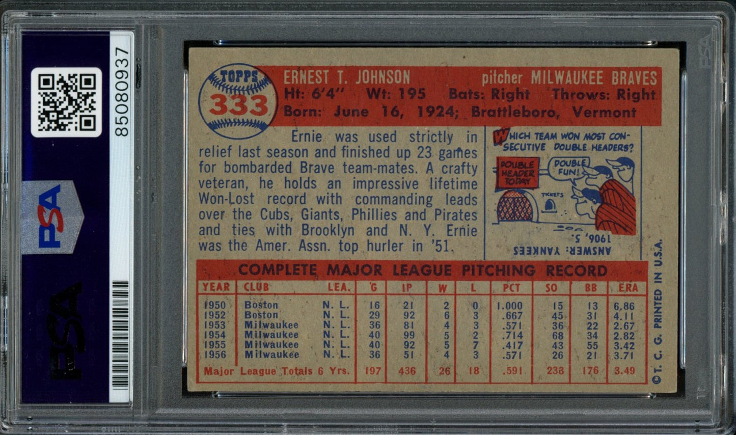 Ernest Johnson Signed 1957 Topps Card #333 Milwaukee Braves PSA/DNA 184164