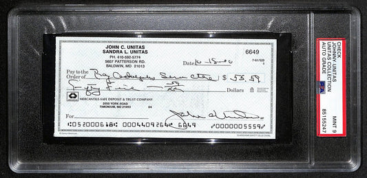 Johnny Unitas Signed 10/15/00 Check PSA/DNA MINT 9 188666