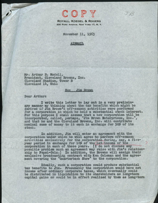 November 11, 1963 letter to Art Modell Re: Jim Brown off season interests 144998