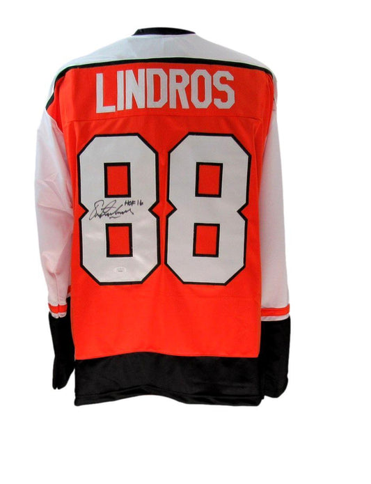 Eric Lindros HOF Autographed/Inscr Orange Custom Hockey Jersey Flyers JSA 180947