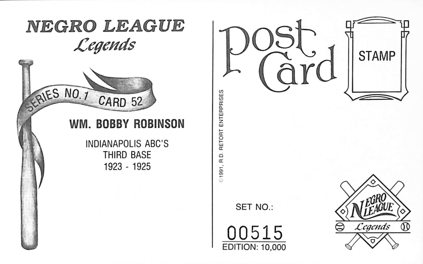 Wm. Bobby Robinson Signed Negro League - ABC's 1991 R.D Retort Post Card 181287