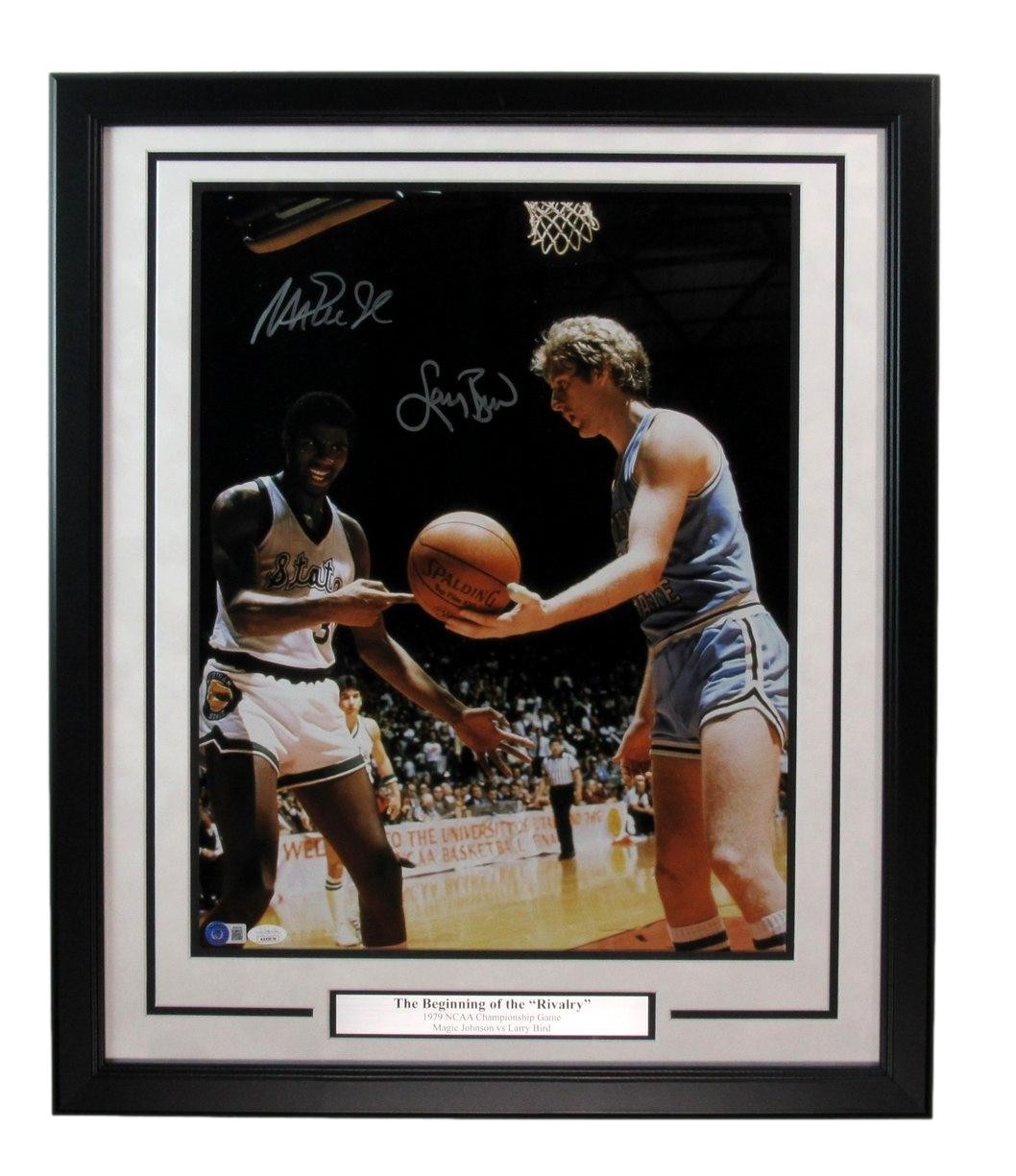 Larry Bird/Magic Johnson HOF Dual-Autographed 16x20 Photo Framed JSA 184762