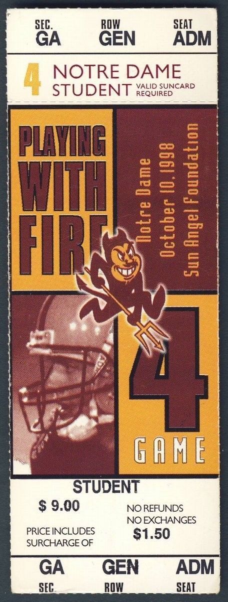 1998 Notre Dame vs. Arizona State ASU Full Unused Ticket 128322