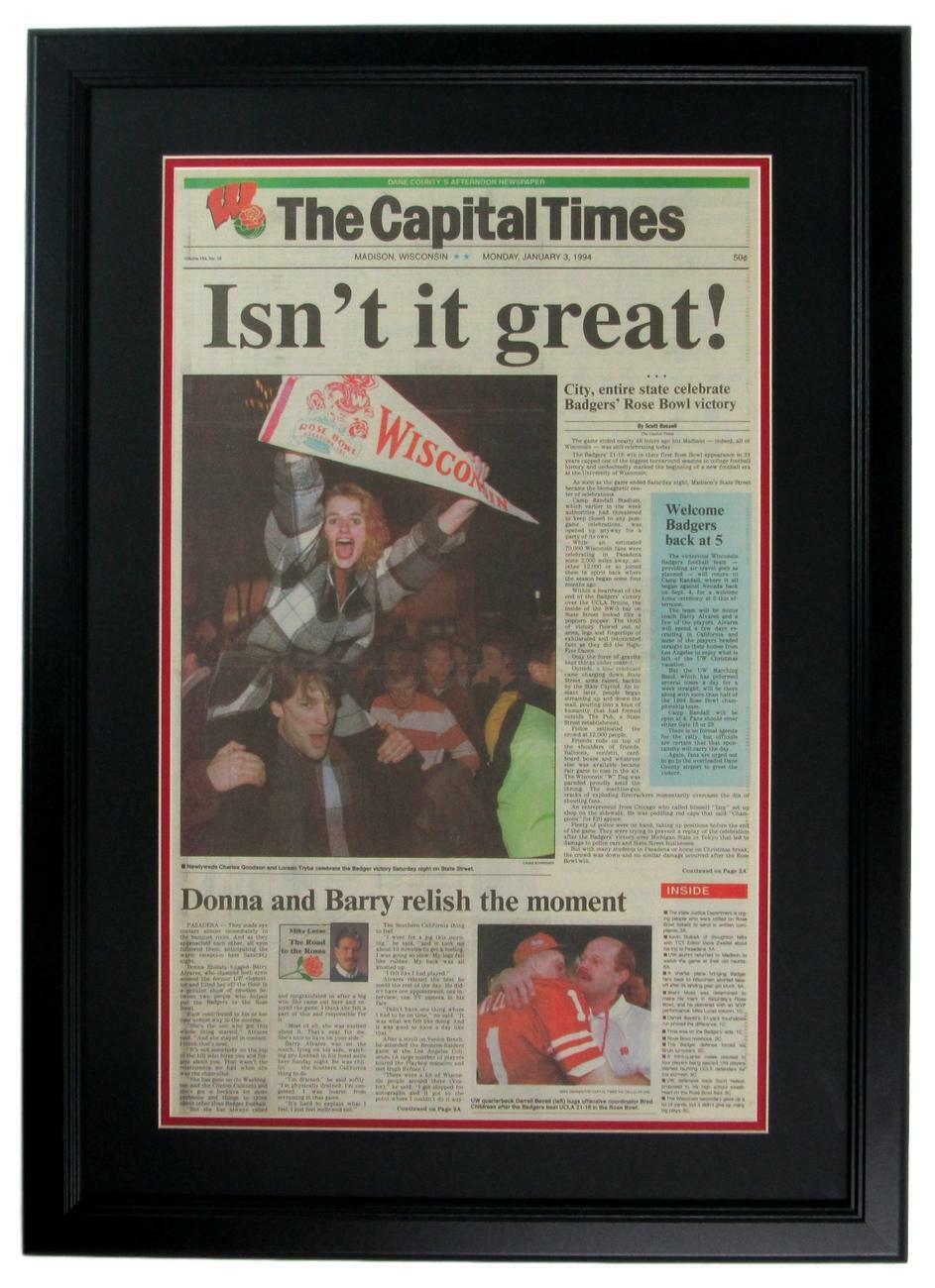 The Capital Times 1994 Wisconsin Rose Bowl Front Page Framed Newspaper 152553