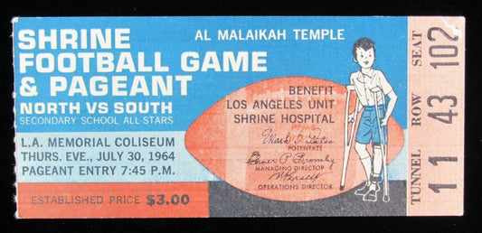 1964 Shrine Game North vs. South Ticket Stub L.A. Memorial Coliseum 7/30/64