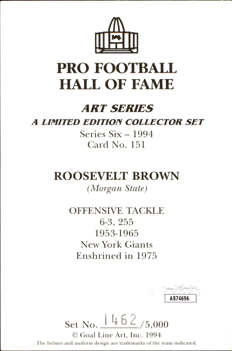 Roosevelt Brown HOF Autographed Goal Line Art GLAC Postcard New York Giants JSA