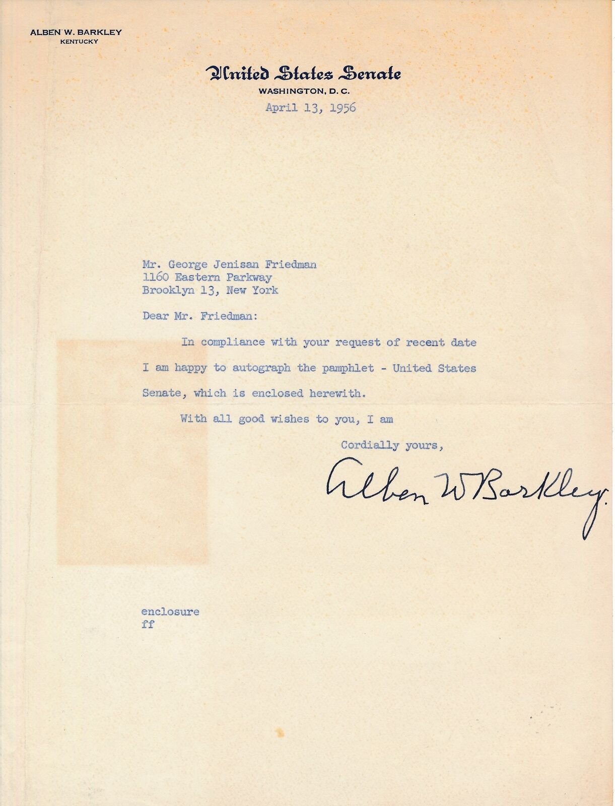 Alben W. Barkley Senator Truman VP Signed Vintage TLS 1956 Letter JSA 180345