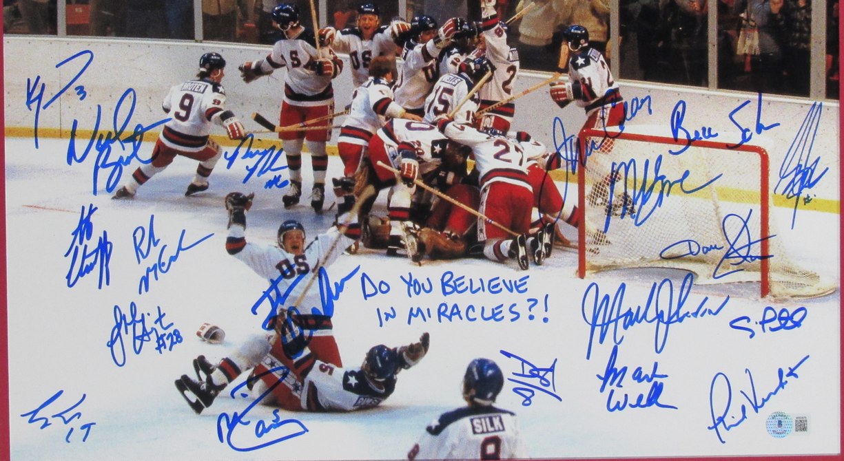 1980 US Olympic Hockey Team Multi-Signed 16x20 Photo Framed BAS 185399