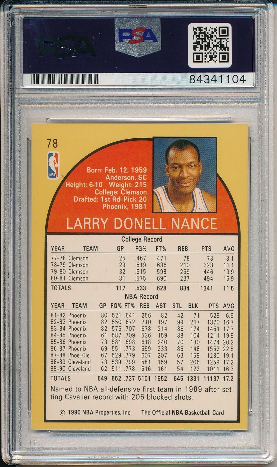 Larry Nance Cleveland Cavaliers Signed 1990 Hoops Card #78 PSA/DNA 163505