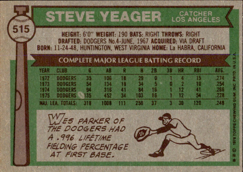 Steve Yeager Autographed 1976 TOPPS Card #515 Los Angeles Dodgers 183459