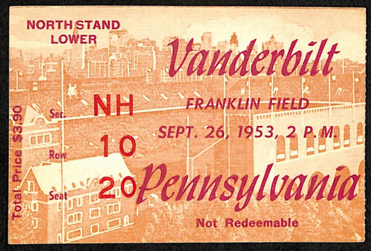 September 26, 1953 Vanderbilt vs Penn College Football Game Ticket Stub 189873