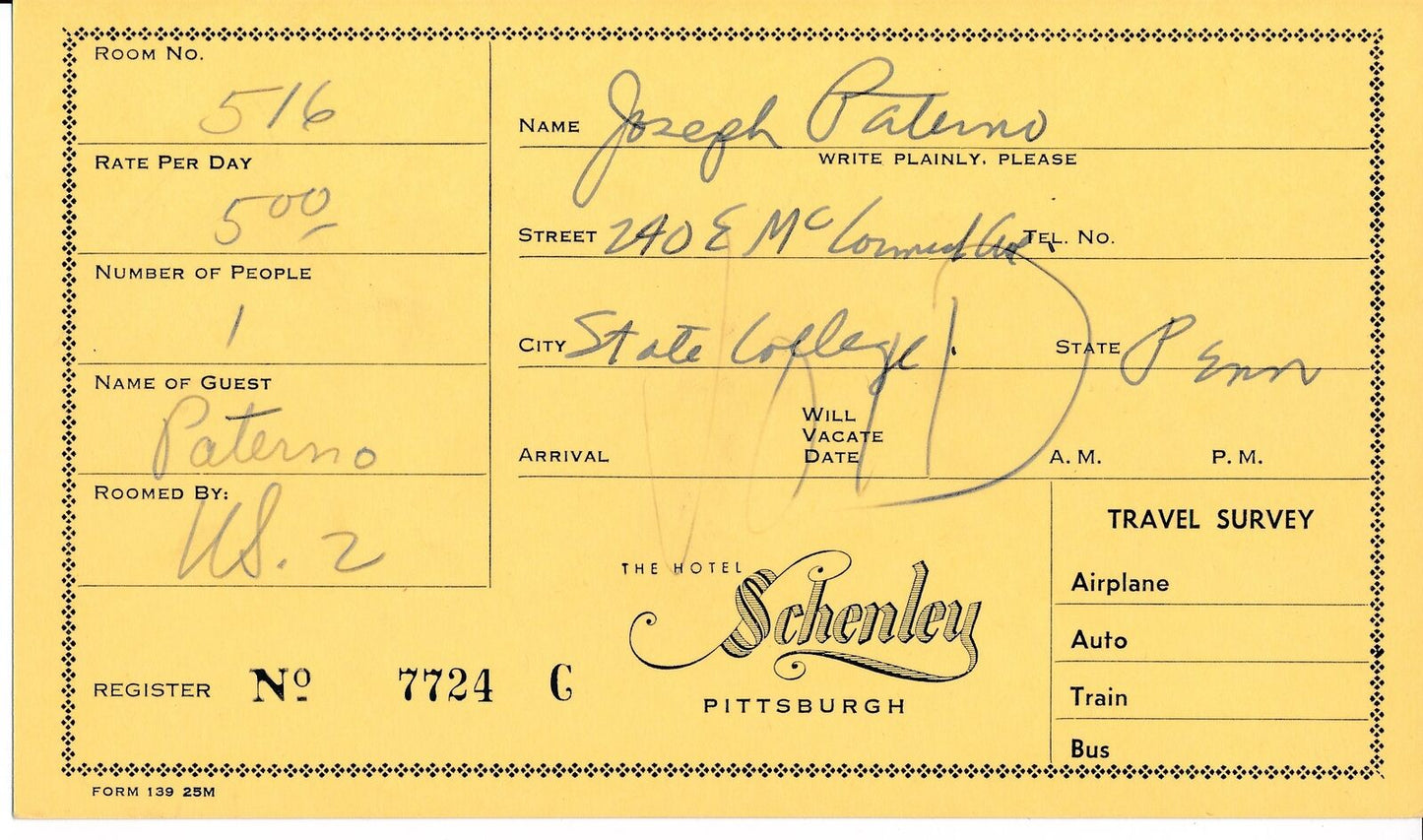 Joe Paterno 1950's Penn State Signed Hotel Schenley Register Card PSA/DNA 163691