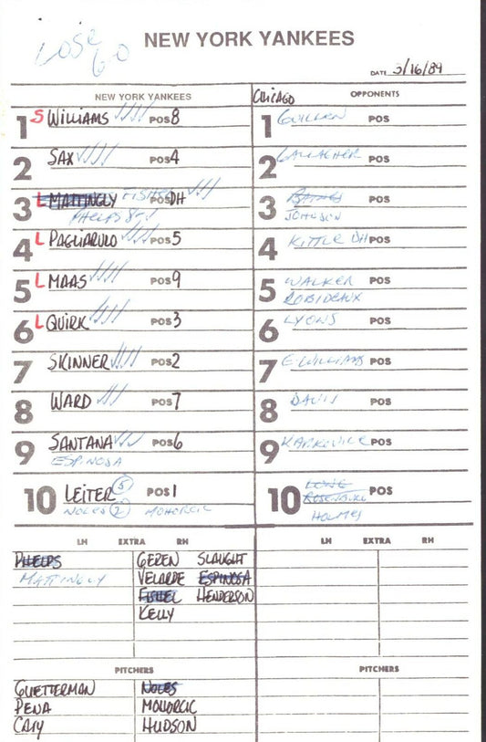 1989 New York Yankees Spring Training 5.5x8.5 Lineup Card vs. White Sox 151529