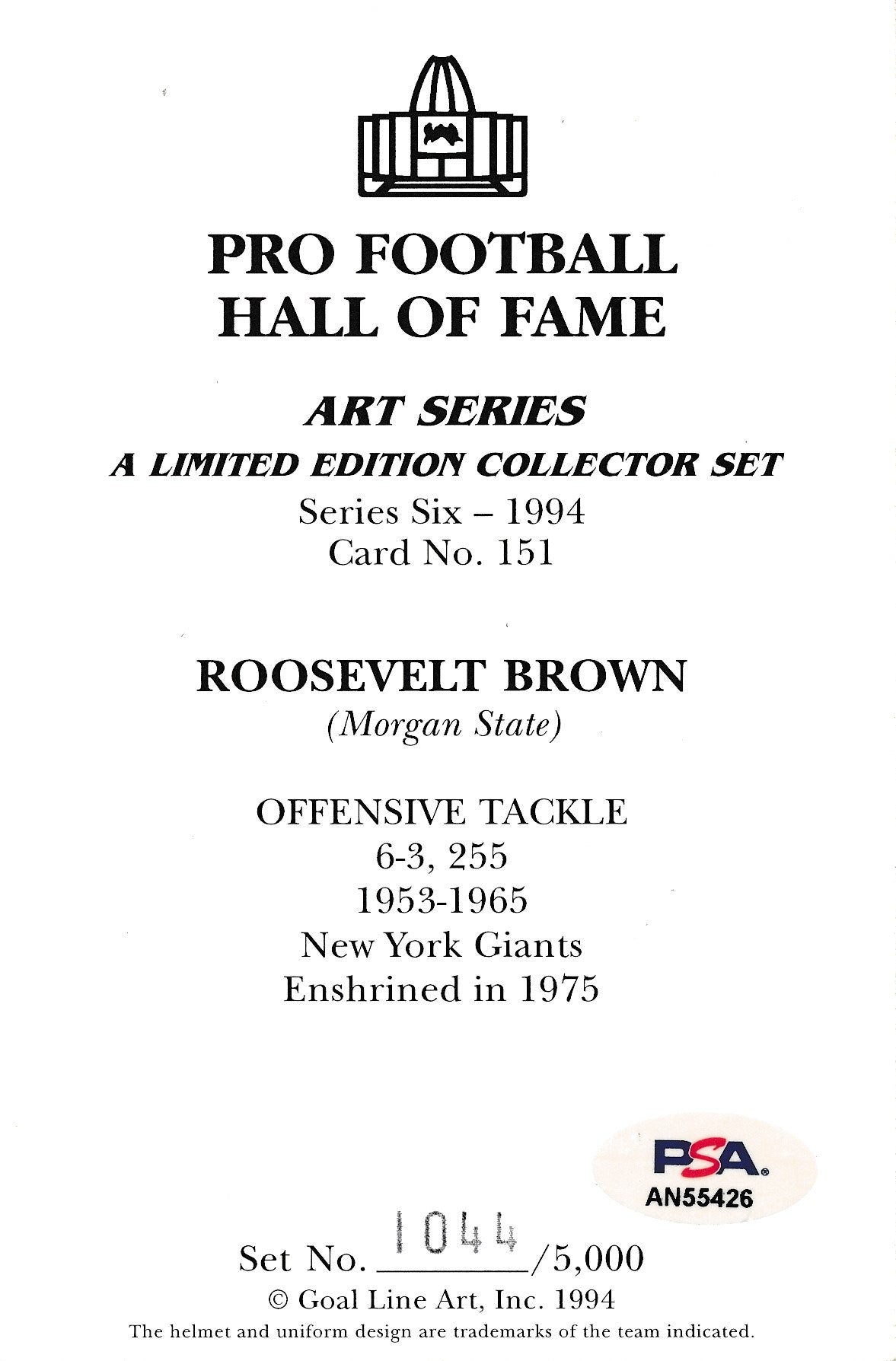 Roosevelt Brown Giants Signed 1994 GLAC/Goal Line Art Postcard PSA/DNA 186311