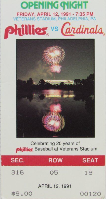 April 12, 1991 Philadelphia Phillies Opening Night Ticket Stub vs. Cardinals