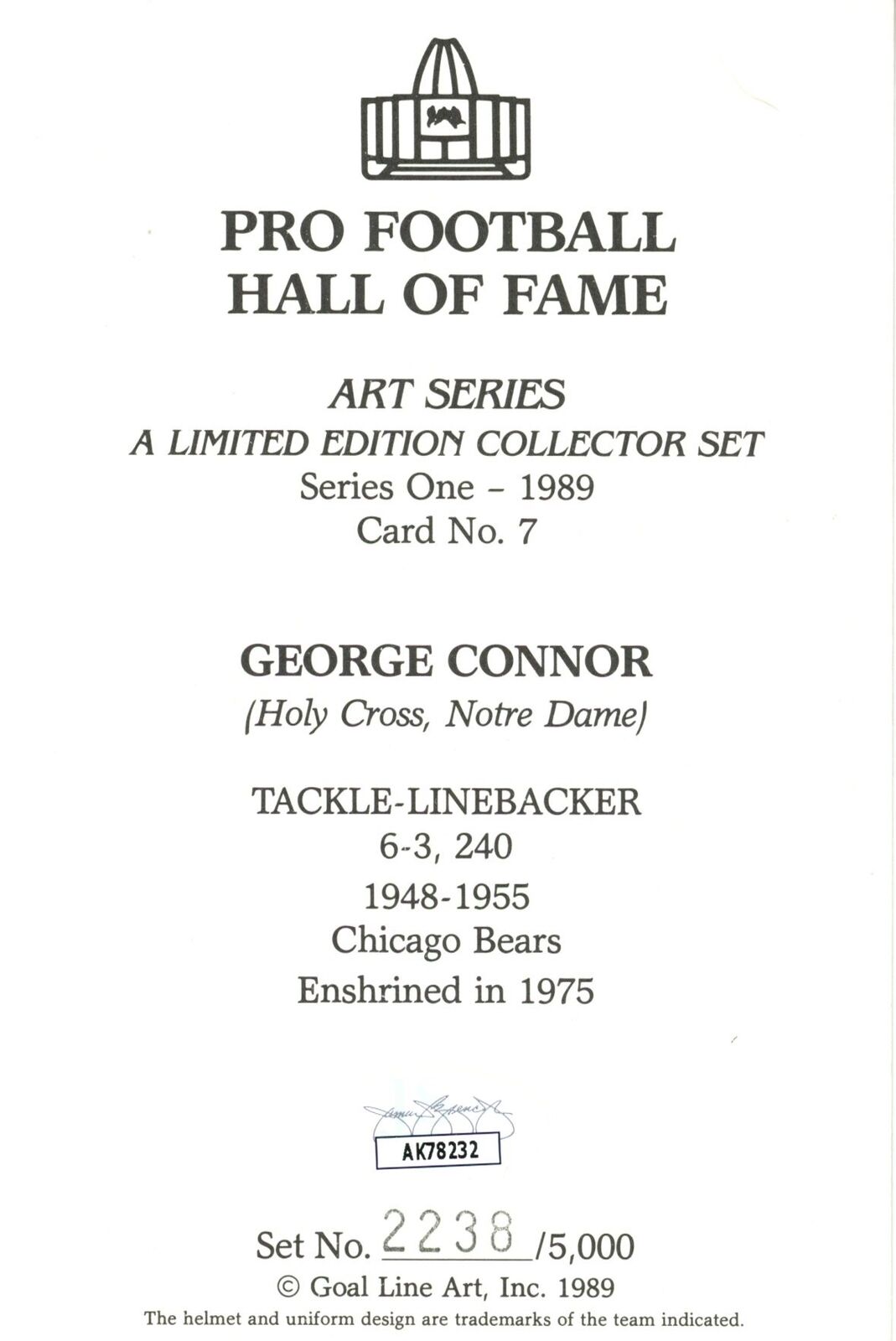 George Connor HOF Autographed Goal Line Art GLAC Postcard Bears JSA 180892