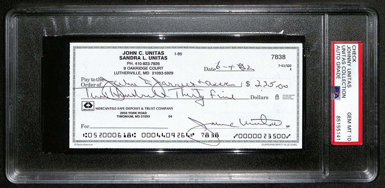 Johnny Unitas Signed 6/4/02 Check PSA/DNA GEM MT 10 188653