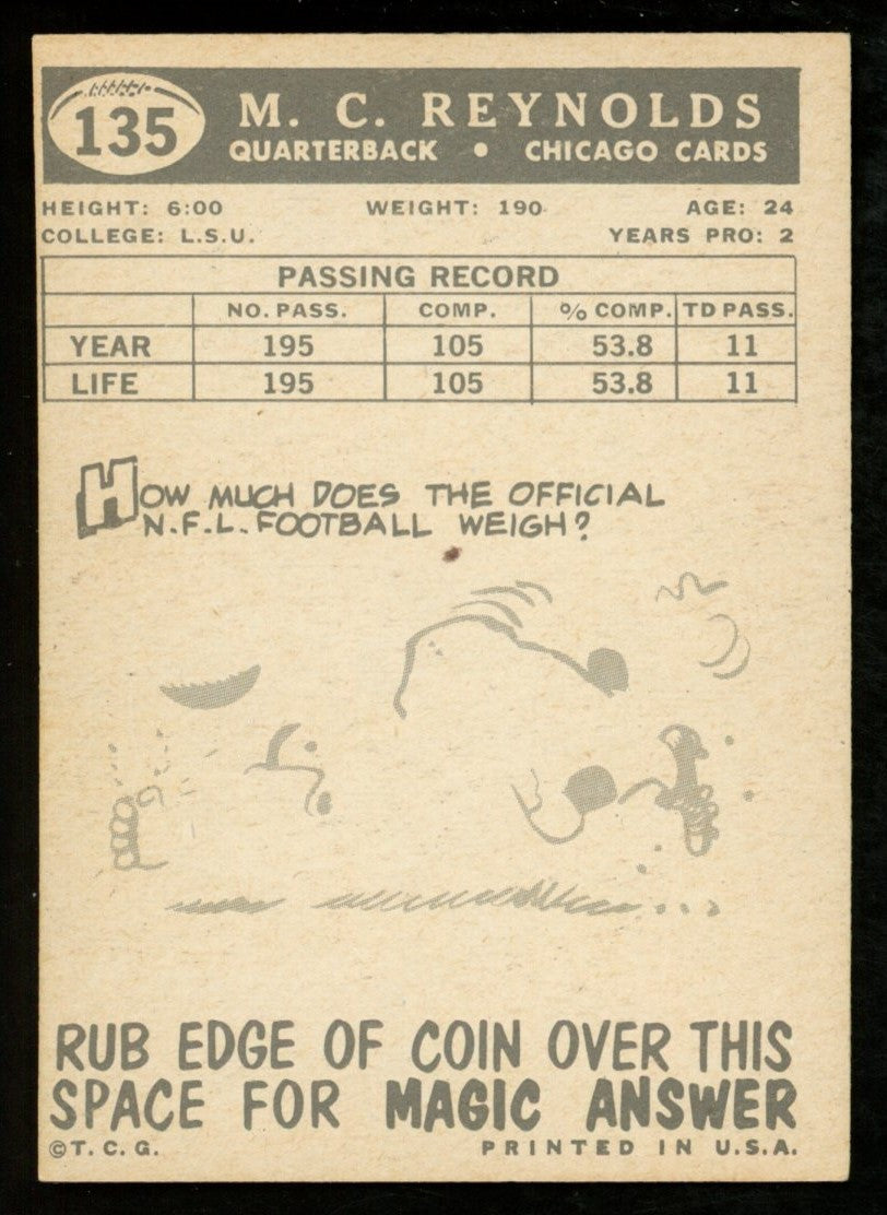 1959 TOPPS Football Card #135 Signed/Auto M.C. Reynolds Chicago Cardinals