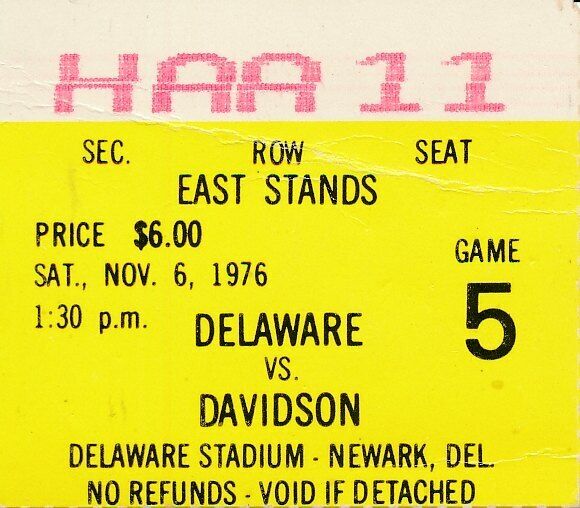 1976 Univ of Delaware vs. Davidson College Football Game Ticket Stub 1440582