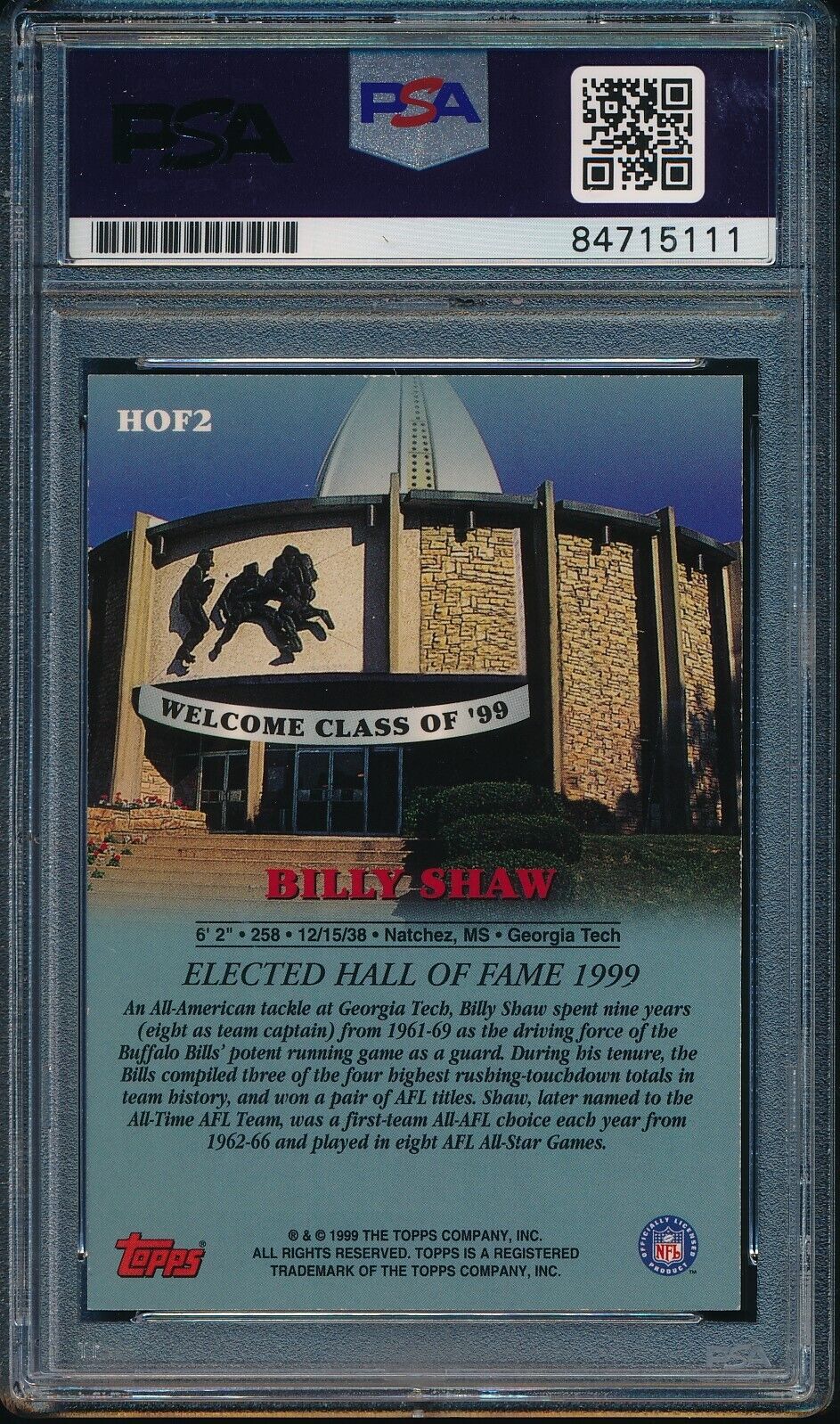 1999 TOPPS HOF Billy Shaw #HOF2 Authentic Card Signed Bills PSA/DNA 176349