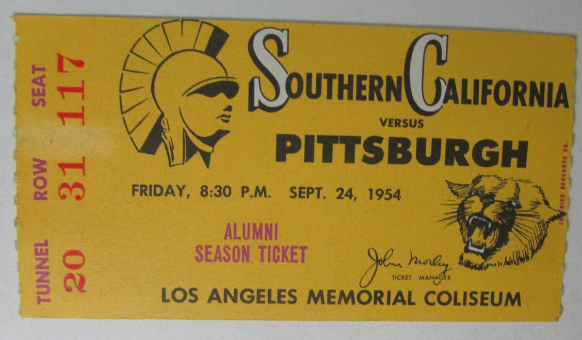 1954 Pitt vs. USC Football Ticket Stub 9/24/54 @ LA Memorial Coliseum 147824