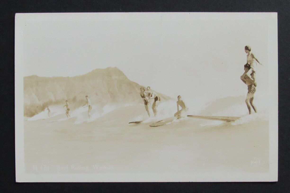 Vintage Surfing  Waikiki Theme B/W Photo Postcard